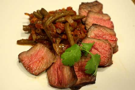 Pan Roasted German Green Beans with Tomato and Bacon with Steak
