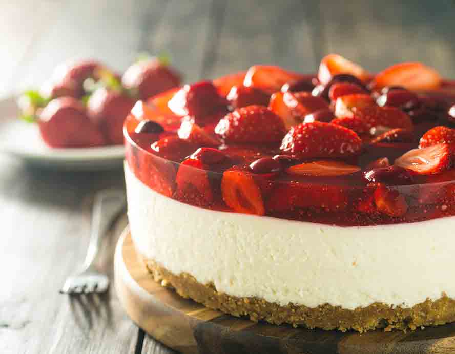 Chesecake topped with Rote Gruetze. 