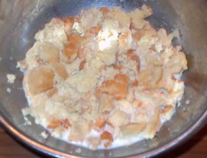 Bread soaking in milk. 