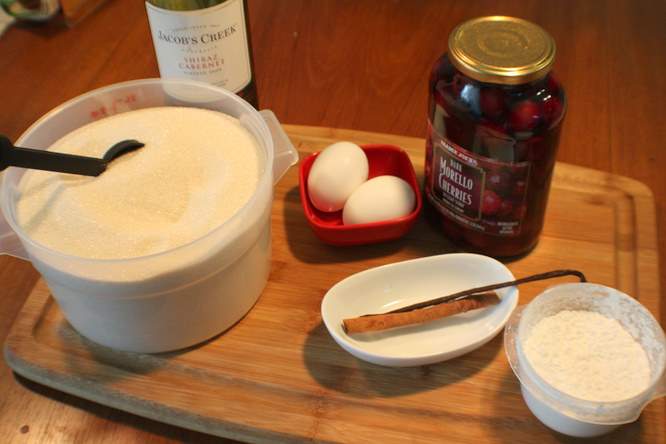 Ingredients for BLack Forest Cherry Soup with Meringue Dumplings. 